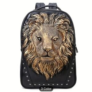 Men Pu Leather Lion Head Backpack Women Fashion Casual Travel Hiking Daypack Lap
